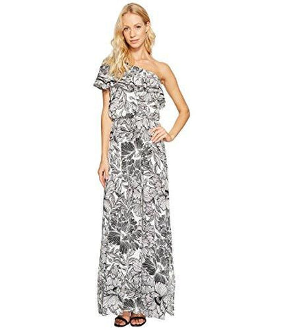 Maggy London One Shoulder Jersey Ruffle Maxi, Soft White/Black, 10