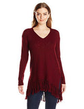 Fringe VNeck Sweater, Wine, Large