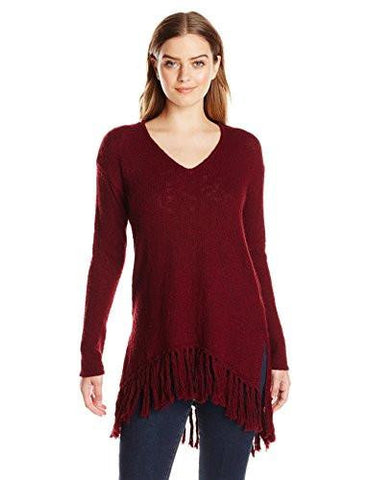 Fringe VNeck Sweater, Wine, Large