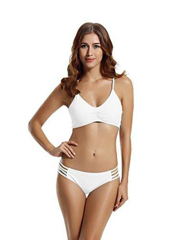 Zeraca Strap Side Bottom Halter Racerback Bikini Bathing Suits S6 White