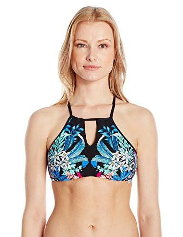 Kenneth Cole York Tropical Tendencies Floral High Neck Bra Bikini Top Black S