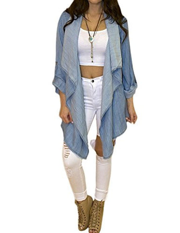 Memorose Spring Cuffed Sleeve Lapel Blue Denim Thin Coat Cardigan Jacket Xl