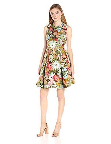 Vintage Floral Ottoman Fit And Flare Dress With Split Shoulder Detail, Burnt Coral, 14