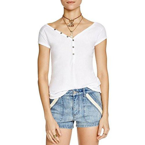 Peaches Raw Hem Cap Sleeves Henley Top White S