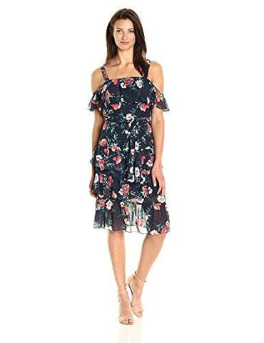 Flutter Sleeve Ruffle Dress, Navy, 4