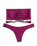 Mooskini Beach Bandeau Swimsuit Lace Up Two Piece Bikini Set Thong Bottom Bathing Suit S Red