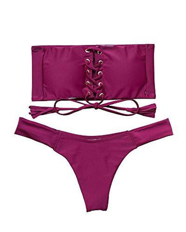 Mooskini Beach Bandeau Swimsuit Lace Up Two Piece Bikini Set Thong Bottom Bathing Suit S Red