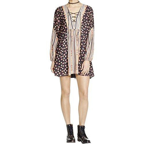 Rain Or Shine Printed LaceUp Casual Dress Black L