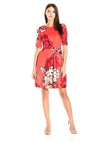 Tossed Floral Scuba Fit And Flare, Red/Multi, 10