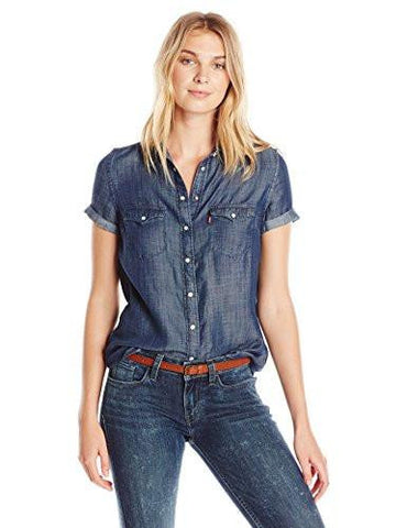 Short Sleeve Western Shirt, Ocean Blue 100% Cotton, XSmall