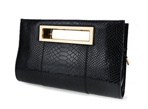 Hoxis Classic Crocodile Pattern Faux Patent Leather Metal Grip Cut It Out Clutch With Shoulder Strap Handbagblack