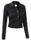 Kooldo Classic Long Sleeve Chest Flap Pocket Cropped Denim Jacket Sblack