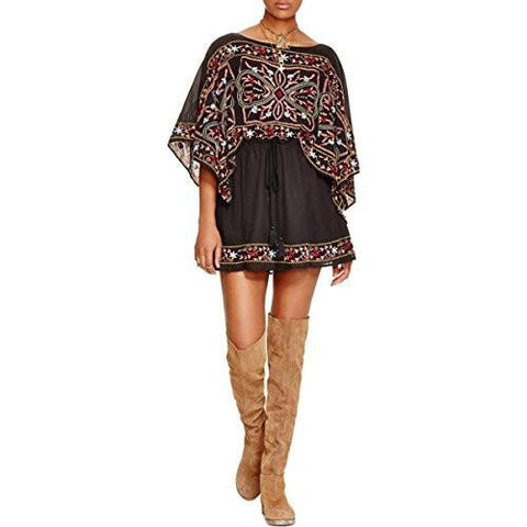 Embroidered Blouson Casual Dress Black L