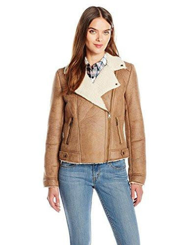 Faux Shearling Assymetrical Motorcycle Jacket, Tan, M