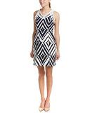 Diamond Print Cotton Jacquard Keyhole Back Halter Dress, Navy Ivory, 14