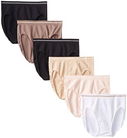 6 Pack Seamless Flawless Fit Hi Cut Brief Panty, Black/Mocha/Black/Sun Beige/White/Cameo, 5