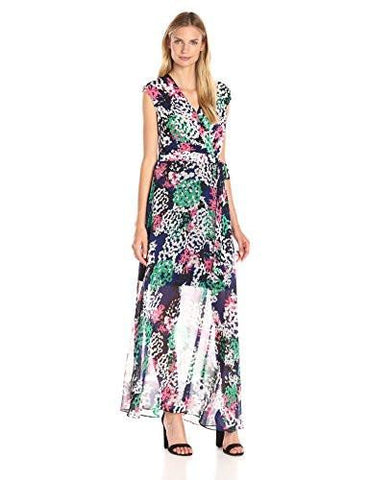 Jersey And Chiffon Mini Floal Maxi Dress, Navy Coral, 10