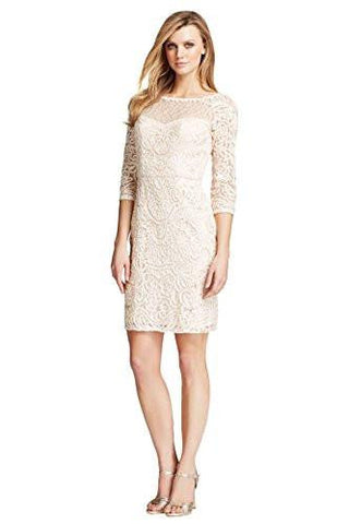 Blush Three Quarter Sleeve Soutache Lace Embroidered Party Dress