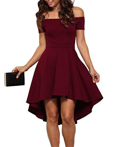 Sidefeel Off Shoulder Sleeve High Low Skater Dress Medium Wine Red