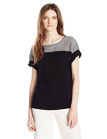 Solid Shortsleeve Top With Lace Yoke Black L