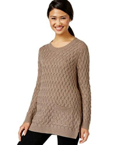 Cable Knit Long Sleeves Tunic Sweater Taupe Xl