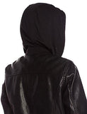 Faux Leather Bomber With Jersey Knit Hood, Black, Large