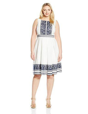 Taylor Dresses Plus Size Embroidered Cotton Dress With Keyhole Back, White Navy, 22W