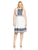 Taylor Dresses Plus Size Embroidered Cotton Dress With Keyhole Back, White Navy, 22W