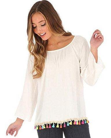 Ivory Pom Trim Long Sleeve Top Ivory Large