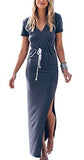 Juniors Beach Dress Sexy V Neck Slit Maxi Dress Slim Fit Party Long Dresses For Casual Blue M