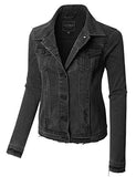 Le3No Vintage Washed Long Sleeve Ripped Distressed Black Denim Jacket