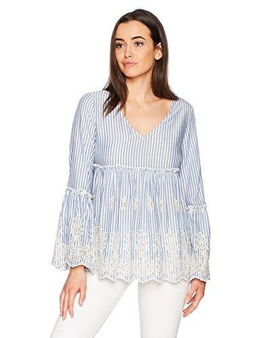 Karen Kane VNeck Embroidered Ruffle Top, Blue, M