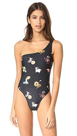One Shoulder Maillot Swimsuit, Shimmer Zodiac Print, L
