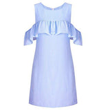 Molfroa Casual Feifei Sleeve Off Shoulder Round Neck Stripe Print Teens Tshirt Dresses Mlight Blue