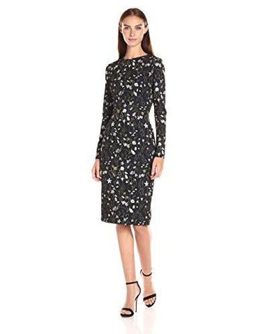 Sleeve Midi Printed Dress, Black/White/Green, 4