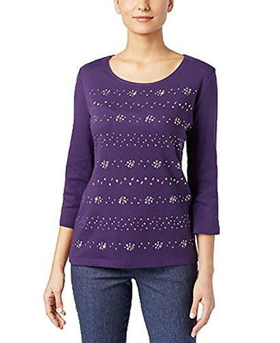 Studded Elbow Sleeves Casual Top Purple M