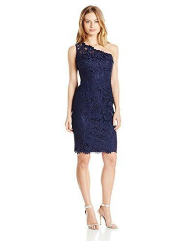 Eliza J Petite One Shoulder Lace Sheath, Navy, 12P
