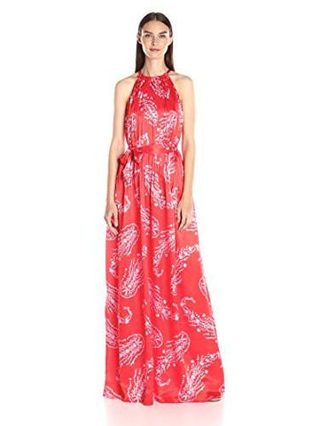 Pleated Maxi Dress With Halter Neck, Poppy Red, 2