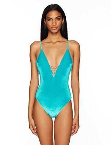 Velveteen Underground VPlunge One Piece Swimsuit, Turquoise, 6