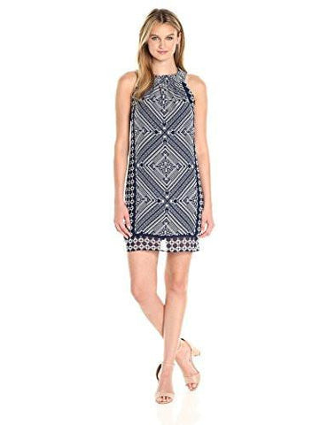 Taylor Dresses Medallion Print Chiffon With Smocked Neck, Ivory Navy, 10