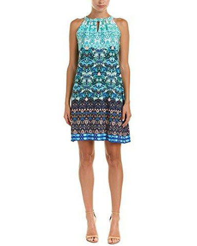 Jersey Mixed Print Shift With Tie At Neck, Turquoise/Multi, 8