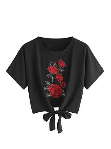 Sweatyrocks Print Crop Tshirt Top Short Sleeve Tie Front Lace Up Shirt Black M