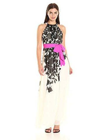 Eliza J Halter Maxi With Pink Sash, Black/Ivory, 4