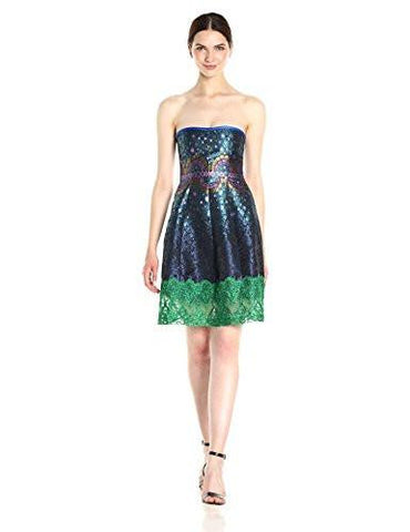 Peacock Jacquard Strapless Dress, Navy, 10