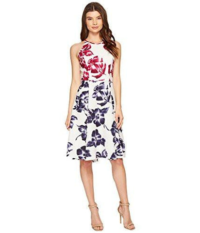 Drapey Linen Sketch Blossom High Low Fit And Flare, White/Flamb, 6
