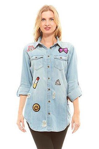 Red Jeans Denim Botton Down Shirt With Fashionable Patches