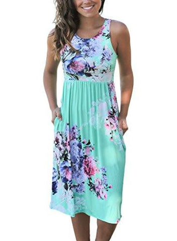 Floral Printed Sleeveless Racerback Casual Tank Midi Dress Large Green