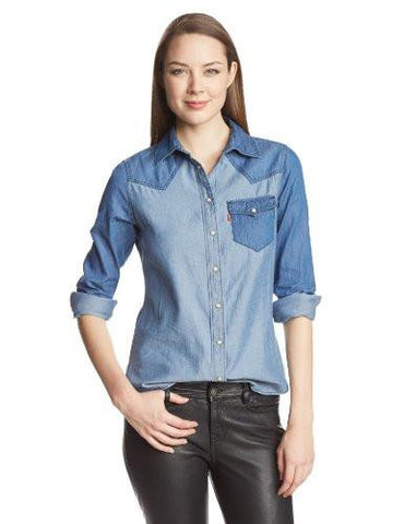 Color Block Chambray Annie Denim Shirt, Medium Stone Wash, XLarge