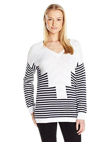 Striped Intarsia Vneck Sweater Navy Combo Medium
