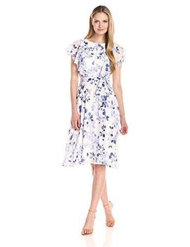 Floral Ruffle Sleeve Dress, Ivory/Navy, 6